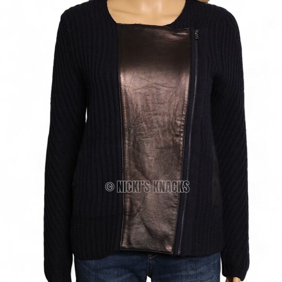 Madewell Merino Wool Leather Trim Zip Moto Cardigan Sweater Fall Outfit Size S - Picture 3 of 10